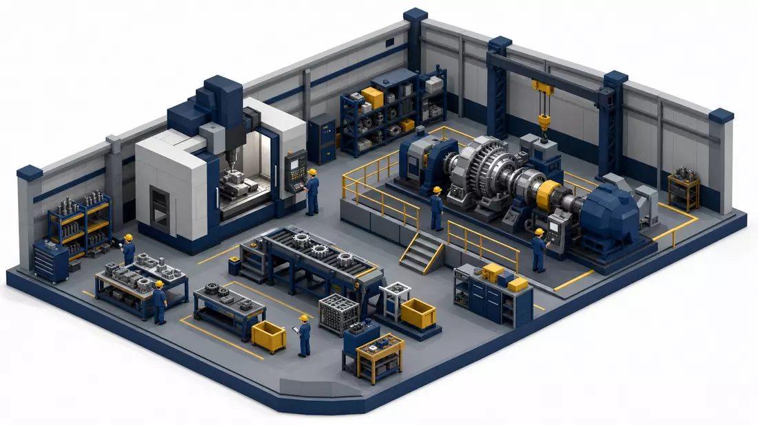 Isometrisches Low-Poly-Diorama: Industriehalle mit CNC-Maschine und Großgetriebe-Prüfstand