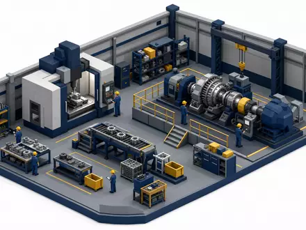 RENK Group AG DE000RENK730 – Low-Poly-Diorama einer Werkshalle mit CNC-Maschine und Getriebe-Prüfstand - Foto: THN