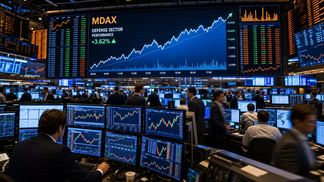 Börsensaal mit MDAX-Anzeigetafel, steigenden Verteidigungs-Charts und Tradern