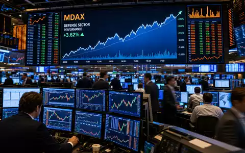 RENK Group AG DE000RENK730 – Dynamischer Börsensaal mit großer MDAX-Tafel und steigenden Verteidigungs-Sektor-Charts. - Foto: THN