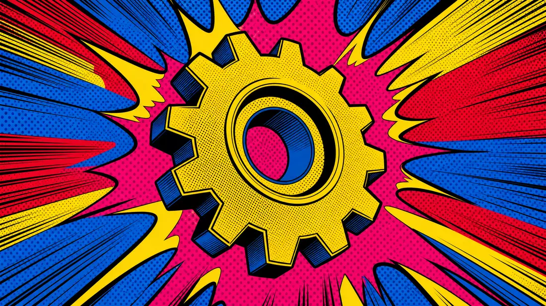 Pop-Art-Comic: stilisiertes Zahnrad mit Bewegungslinien im bunten Halftone-Raster