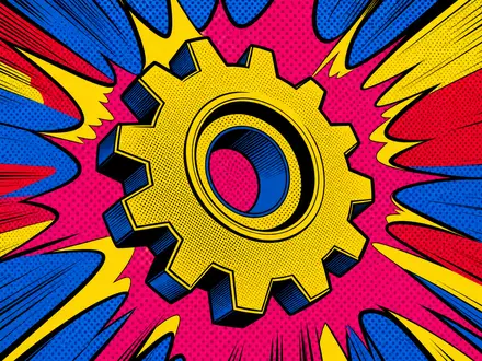 RENK Group AG DE000RENK730 – Pop-Art-Comic-Zahnrad mit Bewegungslinien in Halftone-Raster und Knallfarben - Foto: THN