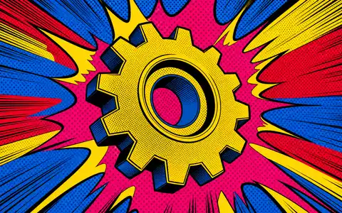 RENK Group AG DE000RENK730 – Pop-Art-Comic-Zahnrad mit Bewegungslinien in Halftone-Raster und Knallfarben - Foto: THN