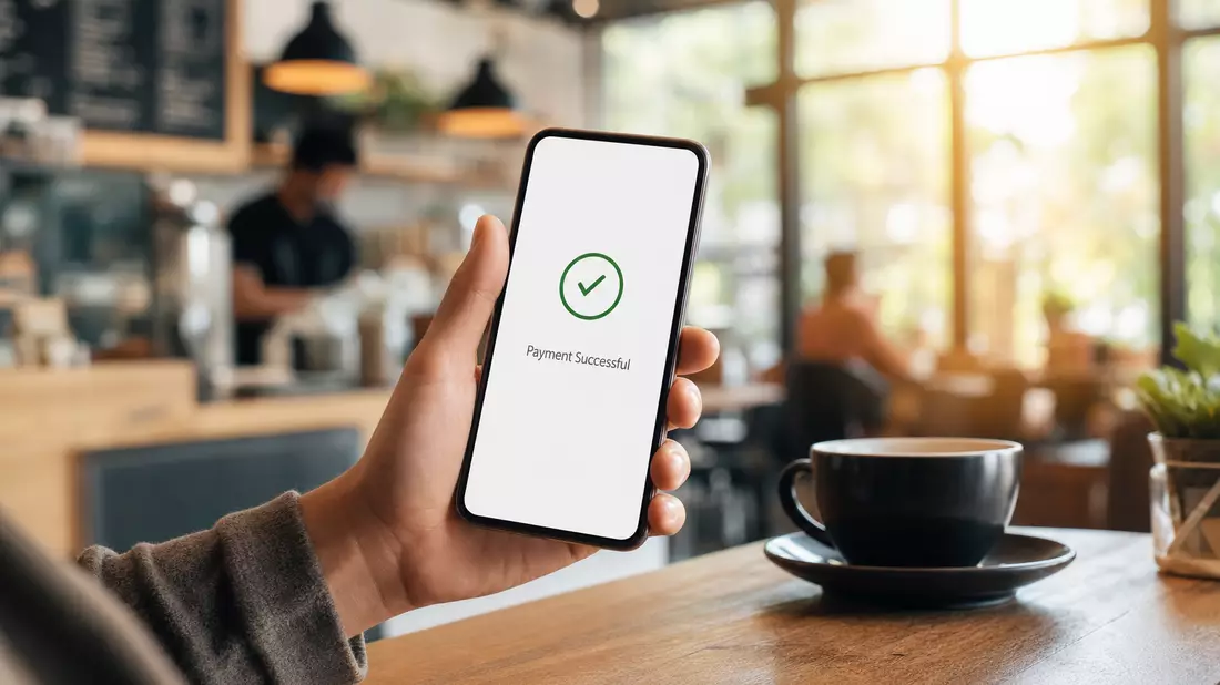 Hand hält Smartphone mit Payment-Bestätigung im Café