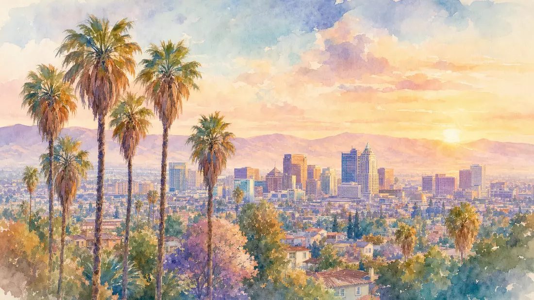 Aquarell: San-Jose-Skyline mit Palmen in Pastellfarben
