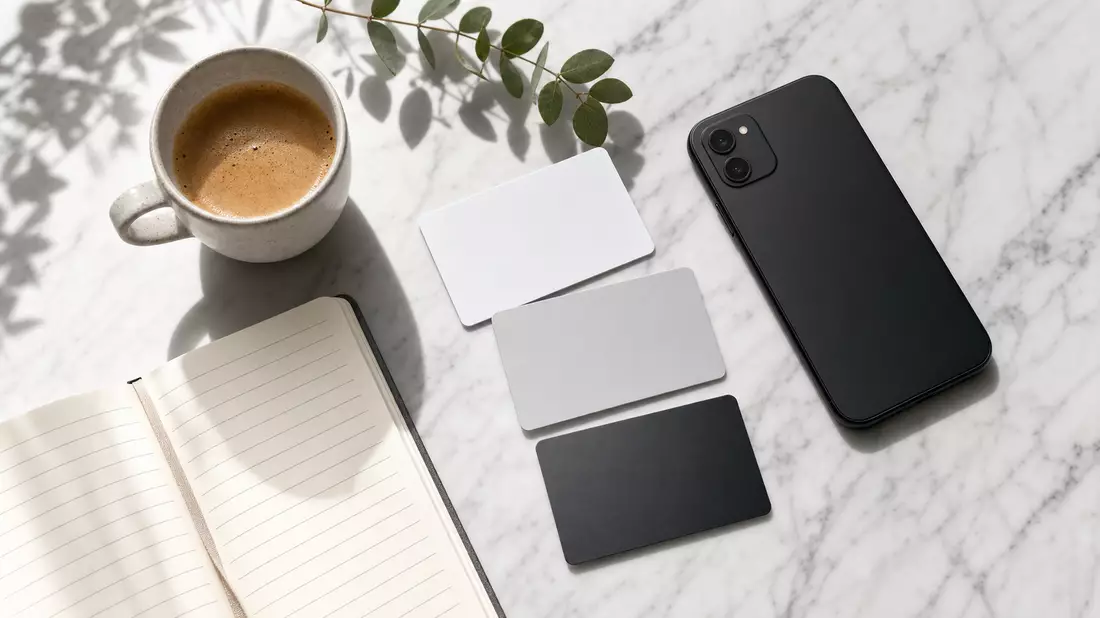 Flatlay: unbeschriftete Karten, Smartphone und Kaffee auf Marmor