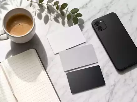 PayPal Holdings Inc (US70450Y1038) als Flatlay mit Karten, Smartphone und Kaffee auf Marmor. - Foto: THN
