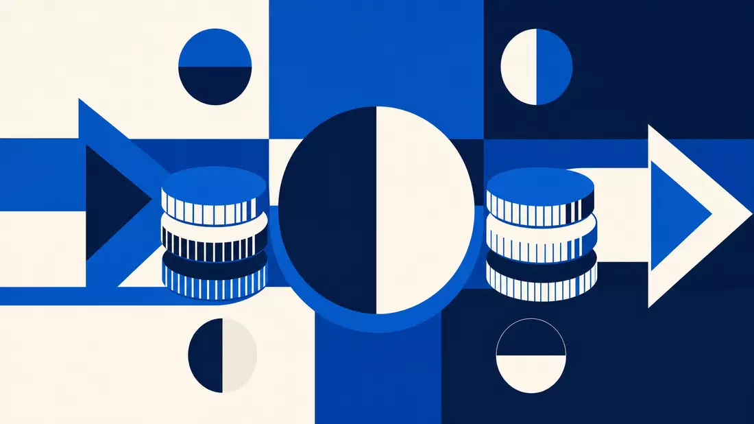Bauhaus-Poster: Münzstapel und Pfeile in Blau und Weiß