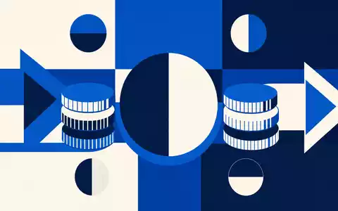 PayPal Holdings Inc (US70450Y1038) als geometrisches Bauhaus-Poster mit Münz- und Pfeilsymbolen in Blau - Foto: THN