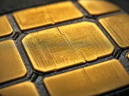 PayPal Holdings Inc (US70450Y1038) zeigt goldene Chip-Kontakte einer Bankkarte in extremer Nahaufnahme - Foto: THN