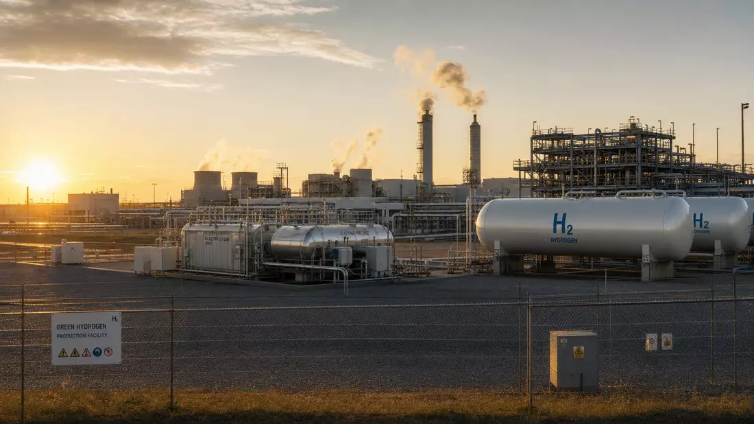 Industrielle Elektrolyseur-Anlage mit Wasserstofftanks bei Sonnenaufgang, Plug Power Inc