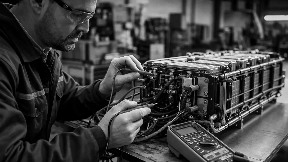 Techniker prüft Brennstoffzellen-Modul mit Multimeter, dokumentarische SW-Aufnahme