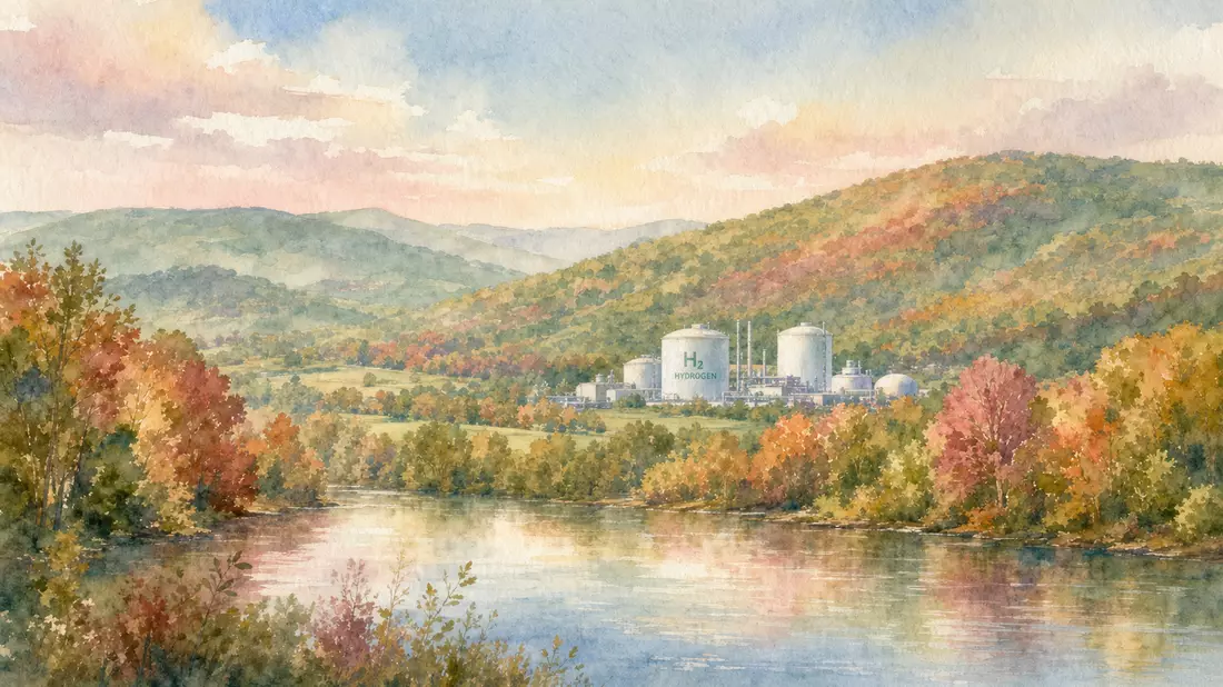 Aquarell der Hudson-Valley-Landschaft mit Wasserstoff-Industrieanlage in Pastelltönen