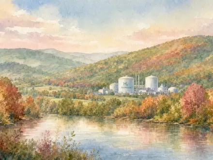Plug Power Inc US72919P2020 in Aquarell: Hudson-Valley-Landschaft mit Wasserstoff-Industrieanlage in weichen Pastelltönen gemalt - Foto: THN