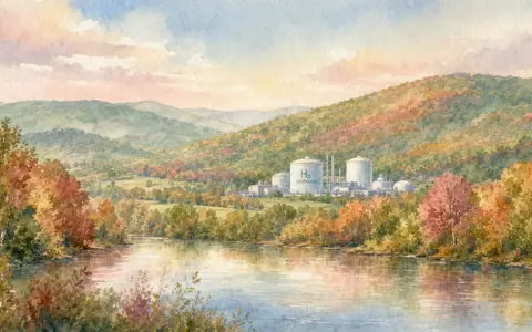 Plug Power Inc US72919P2020 in Aquarell: Hudson-Valley-Landschaft mit Wasserstoff-Industrieanlage in weichen Pastelltönen gemalt - Foto: THN