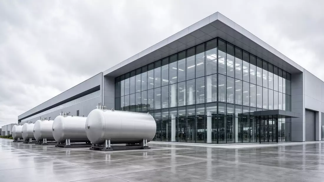 Moderne Glas-Stahl-Produktionshalle mit zylindrischen Drucktanks auf Betonvorplatz