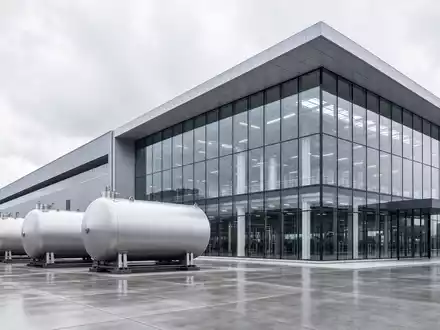 Plug Power Inc US72919P2020 visualisiert eine moderne Glas-Stahl-Halle mit großen zylindrischen Drucktanks davor - Foto: THN