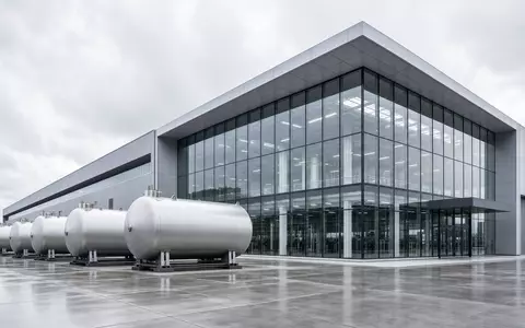 Plug Power Inc US72919P2020 visualisiert eine moderne Glas-Stahl-Halle mit großen zylindrischen Drucktanks davor - Foto: THN