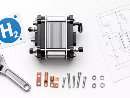 Plug Power Inc US72919P2020 im Flatlay: Brennstoffzelle, H2-Aufkleber, Schraubenschlüssel und technischer Schaltplan arrangiert - Foto: THN