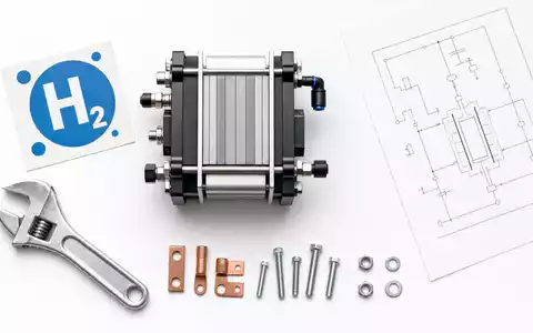 Plug Power Inc US72919P2020 im Flatlay: Brennstoffzelle, H2-Aufkleber, Schraubenschlüssel und technischer Schaltplan arrangiert - Foto: THN