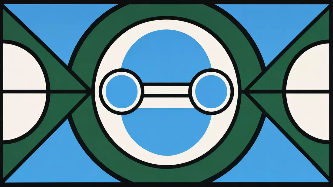 Bauhaus-Grafikposter mit geometrischem H2-Molekül in Grün, Weiß und Hellblau