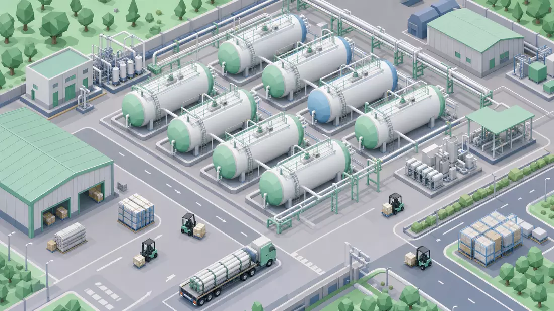 Isometrische Low-Poly-Illustration eines Wasserstoff-Tankparks mit Pipelines und Logistikstaplern