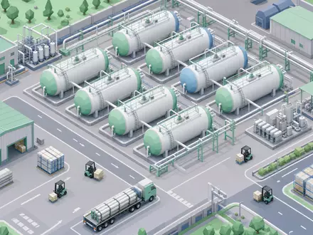 Plug Power Inc US72919P2020 als isometrische Low-Poly-Illustration mit Wasserstoff-Tank-Park, Pipelines und Logistik-Staplern - Foto: THN