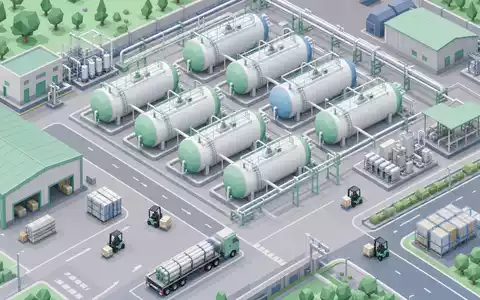 Plug Power Inc US72919P2020 als isometrische Low-Poly-Illustration mit Wasserstoff-Tank-Park, Pipelines und Logistik-Staplern - Foto: THN