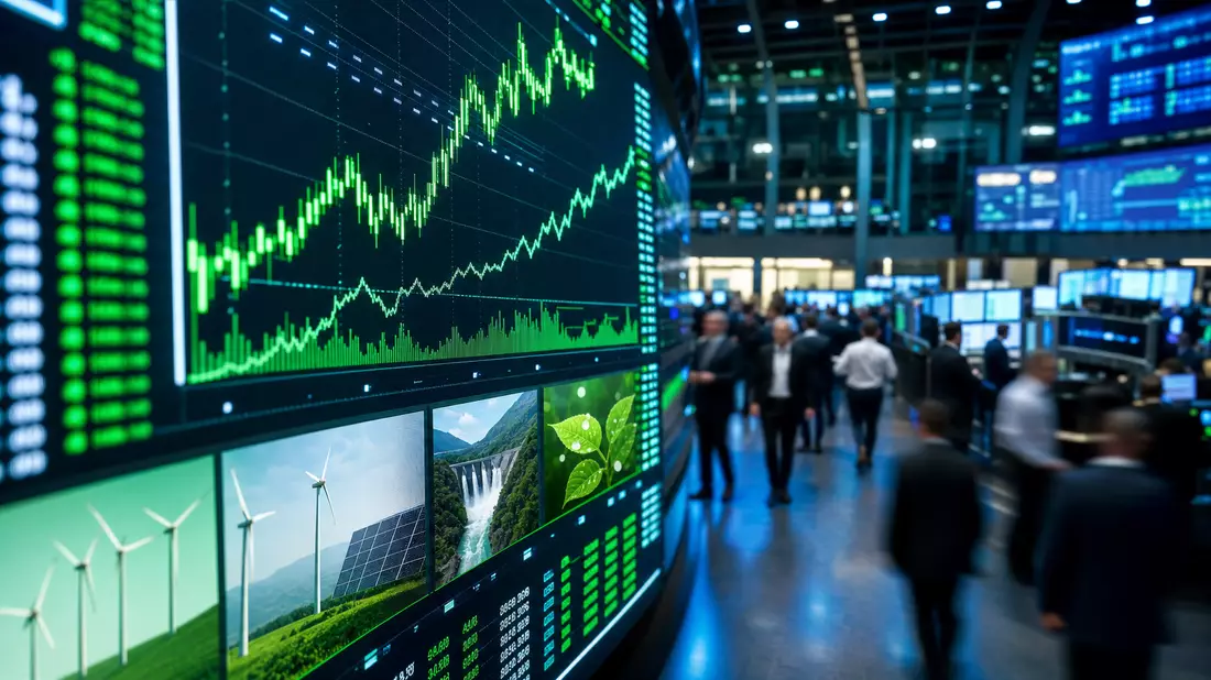 Börsen-Editorialfoto mit leuchtender LED-Ticker-Tafel und Clean-Energy-Charts auf Trading-Floor