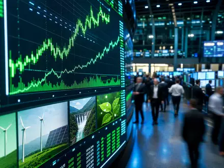 Plug Power Inc US72919P2020 auf Börsen-Editorial: leuchtende Nasdaq-Tafel mit Clean-Energy-Charts und Trading-Floor-Atmosphäre - Foto: THN