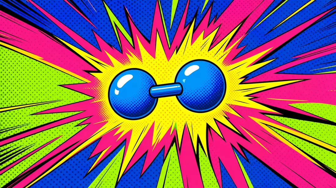 Pop-Art-Comic mit stilisiertem H2-Atom und Energie-Strahlen im Halftone-Raster, Knallfarben