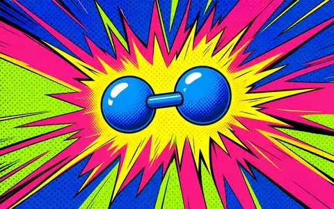 Plug Power Inc US72919P2020 als Pop-Art-Comic mit stilisiertem H2-Atom, Energie-Strahlen und Halftone-Raster-Knallfarben - Foto: THN