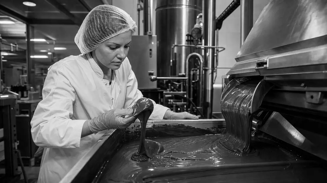 Lebensmitteltechnikerin prüft Schokoladenmasse in Produktionsanlage, Schwarzweiß