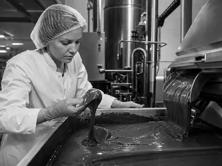 Nestlé S.A. CH0038863350 – Lebensmitteltechnikerin prüft fließende Schokoladenmasse im Werk, dokumentarischer SW-Reportagestil - Foto: THN