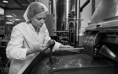 Nestlé S.A. CH0038863350 – Lebensmitteltechnikerin prüft fließende Schokoladenmasse im Werk, dokumentarischer SW-Reportagestil - Foto: THN