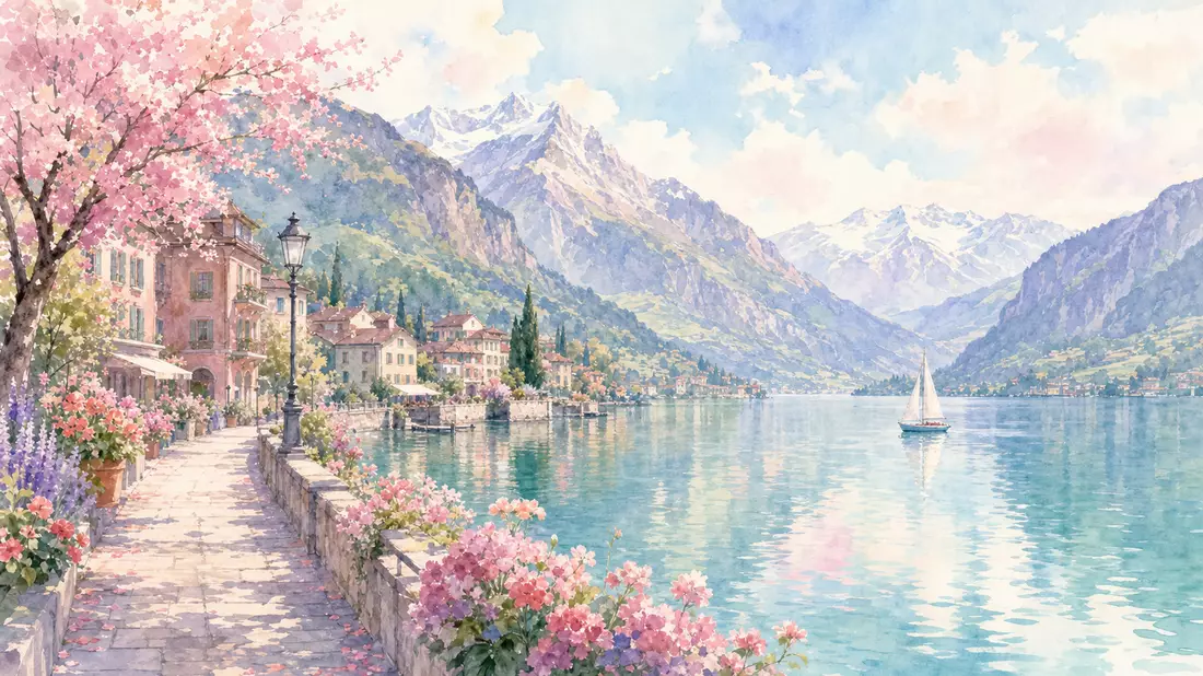 Aquarell Schweizer Bergsee mit Uferpromenade, Alpen und Segelboot, Pastelltöne