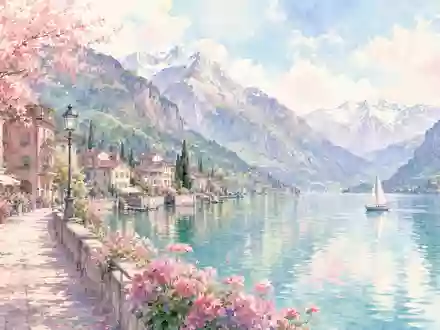Nestlé S.A. CH0038863350 – Aquarell eines Schweizer Bergsees mit blühender Uferpromenade in Pastelltönen - Foto: THN