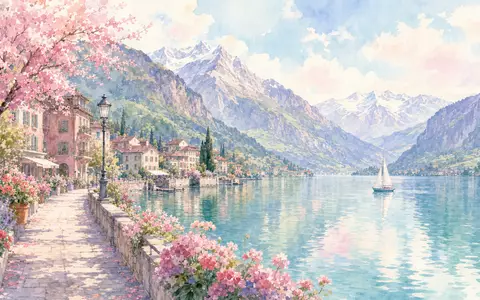 Nestlé S.A. CH0038863350 – Aquarell eines Schweizer Bergsees mit blühender Uferpromenade in Pastelltönen - Foto: THN