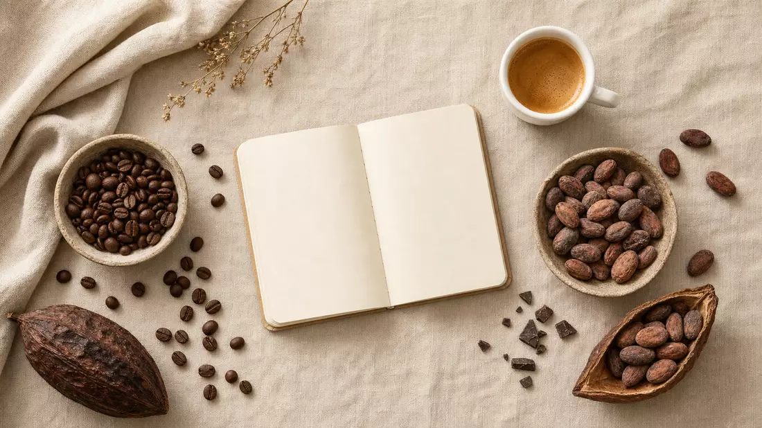 Flatlay mit Kaffeebohnen, Kakaobohnen, Notizbuch und weißer Espressotasse auf Leinenstoff