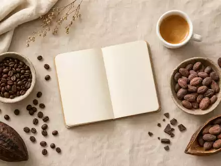 Nestlé S.A. CH0038863350 – Flatlay mit Kaffee- und Kakaobohnen, Notizbuch und Espressotasse auf Leinen - Foto: THN