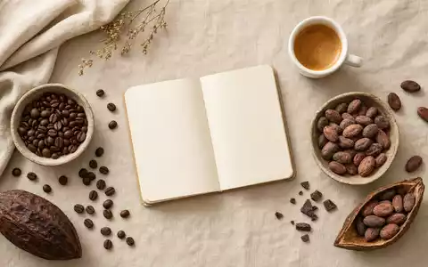 Nestlé S.A. CH0038863350 – Flatlay mit Kaffee- und Kakaobohnen, Notizbuch und Espressotasse auf Leinen - Foto: THN