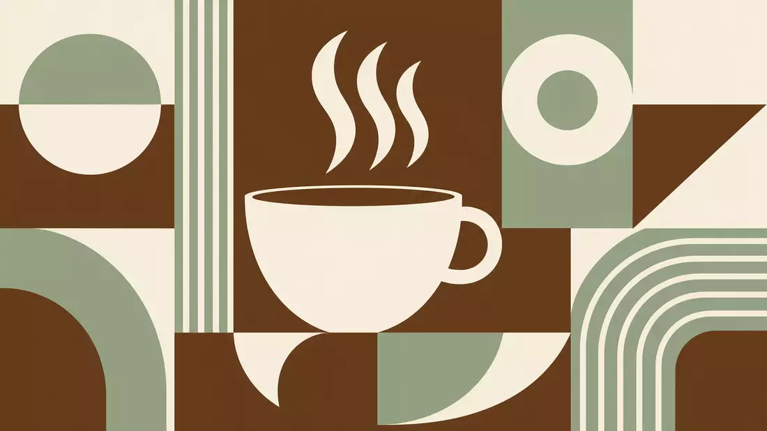 Bauhaus-Poster mit geometrischer Kaffeetasse in Braun, Weiß und Salbeigrün