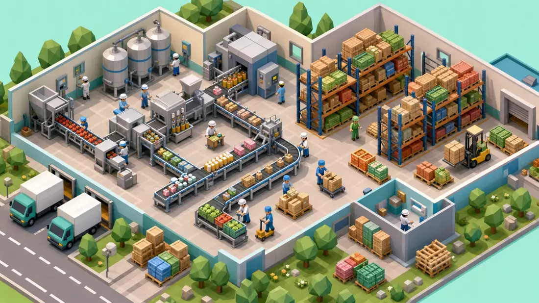 Isometrisches Low-Poly-Fabrik-Diorama mit Förderband, Abfüllanlage und Lagerregal