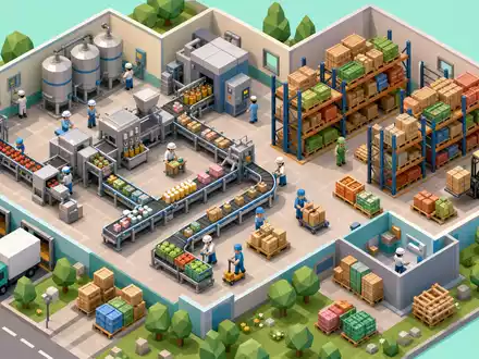 Nestlé S.A. CH0038863350 – isometrisches Low-Poly-Diorama einer Lebensmittelfabrik mit Förderband und Lager - Foto: THN