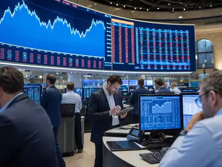 Nestlé S.A. CH0038863350 – Börsen-Editorial mit SMI-Chartanzeige und Händlern auf dem Züricher Trading-Floor - Foto: THN