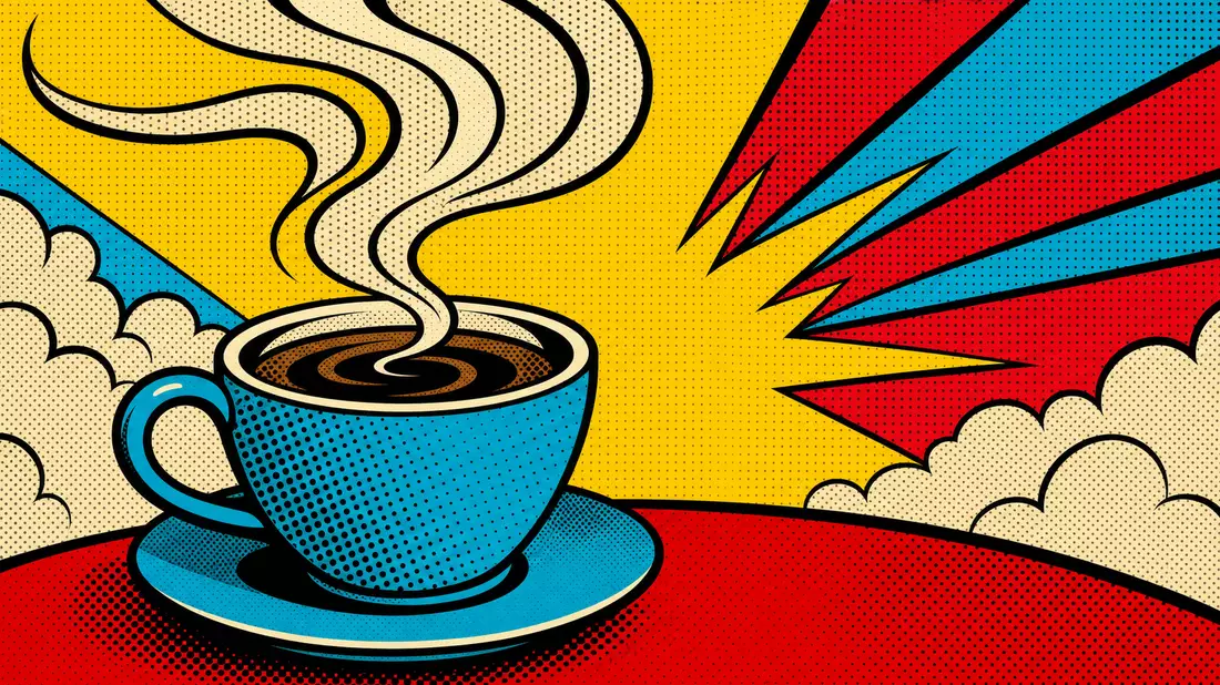 Pop-Art-Comic Kaffeetasse mit Dampfschwaden, Halftone-Raster in Gelb, Rot und Blau