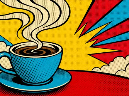 Nestlé S.A. CH0038863350 – Pop-Art-Comic mit Kaffeetasse und Dampfschwaden im knalligen Halftone-Raster - Foto: THN