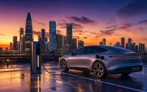 BYD Company Ltd (CNE100000296) – generische E-Limousine lädt an Shenzhener Ladestation bei farbenprächtiger Abenddämmerung - Foto: THN