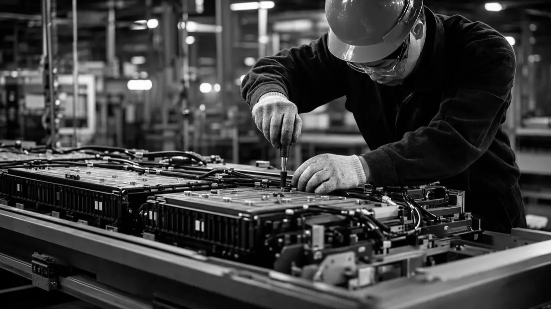 Arbeiter montiert Batteriepack in Fabrik, dokumentarisch, körniges Schwarz-Weiß