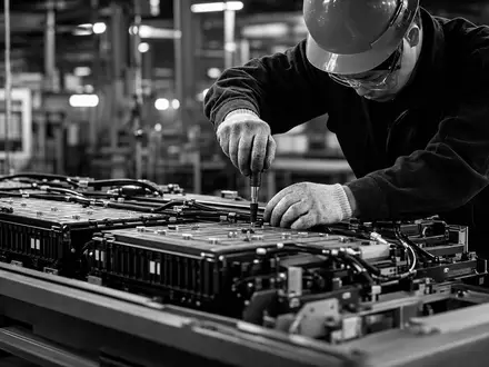 BYD Company Ltd (CNE100000296) – dokumentarische Schwarz-Weiß-Aufnahme zeigt Arbeiter beim Montieren eines Batteriepacks - Foto: THN